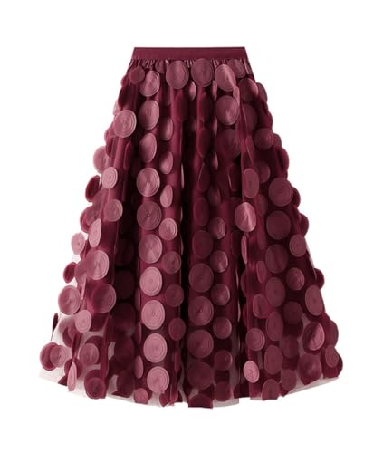Femiserah Women's 3D Posy Double-Layered Mesh Midi Skirt Embroidery Tulle Skirt