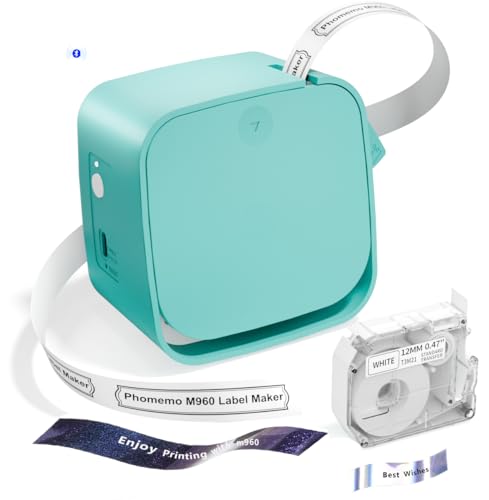 Image of Phomemo M960 Label Maker with Ribbon, Mini Bluetooth Label Printer, Portable, Monochrome, for Home, School, Office