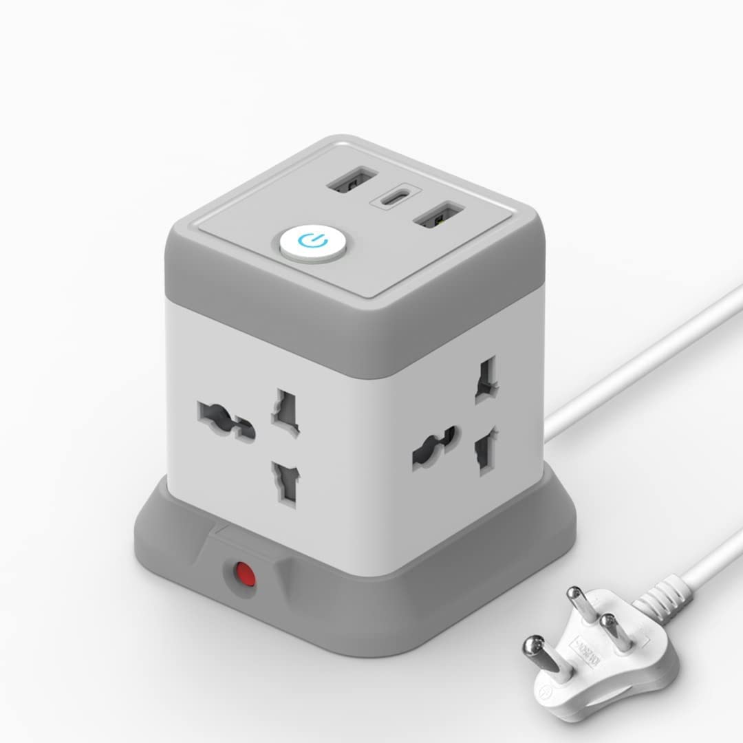 Mummy Please Universal Travel Power Adapter,3 USB Ports,Multiple Socket Outlets, Smart Switch,Grey and White (Power Cube (Pack of 1))-image-43