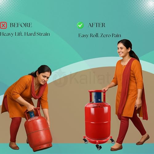Image of Gas Cylinder Trolley with Lock Wheels - Red | Heavy Duty Steel LPG Cylinder Stand | 360 Smooth Rolling Caster Wheels (2+2 Lock) | Rust Resistant Cylinder Holder for Kitchen & Home