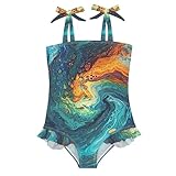 xigua Abstract Marble Texture Girls One Piece Swimsuit Adjustable Bow Tie Ruffle Toddler Bathing Suit 18M-6Y