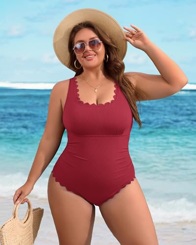 Image of Charmo Plus Size Swimsuit for Women 2026 Tummy Control Scalloped Ribbed One Piece Swimsuits Ruched Modest Bathing Suit