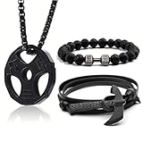 Collar y Pulsera para Hombre, Gym Cadena Acero Inoxidable Hombre, Pulsera de Piedra Volcánica, Cadena con Barra de...