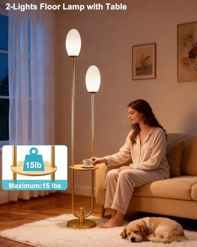 Image of Lightdot Gold Dimmable Floor Lamp with Oval Bulbs Included Unique Tall Standing Lamps with Table Mid Century Modern Floor Lamp with 5Lbs Heavy Base for Living Room /Party /Sofa Beside /Corner Decor