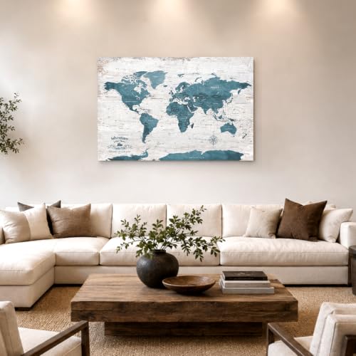 Image of IPIC Antique Blue World Travel Map with Pins, World Map Pin Board, 42x28 in