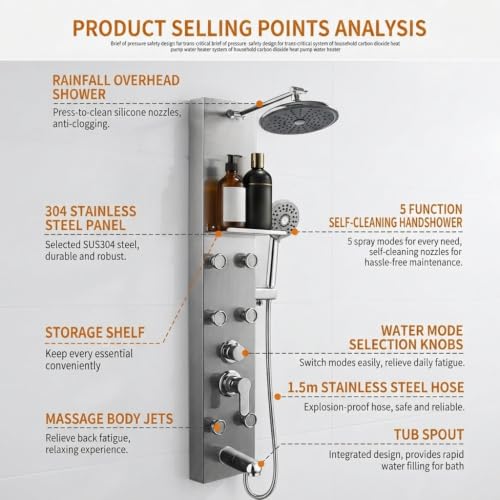 Image of Backline All In 1 Shower Panels for Bathroom 304 SS Hot & Cold Water Adjustable | 3 Function Handshower with Waterfall Shower /Tub Spout /Body Massage Spray /Storage Rack (Brushed Nickel)