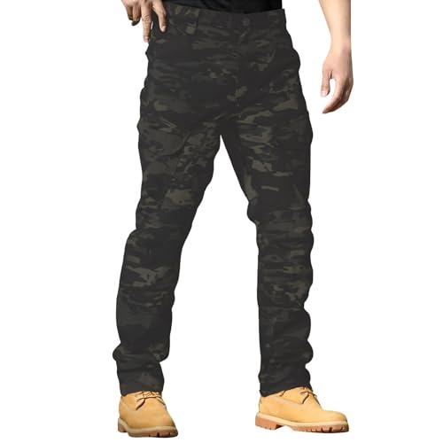 Pantalon De Trabajo para Hombre Tácticos Pantalones Cargo Multibolsillos Cintura Elastica, Pantalón Ancho Impermeables Militar para Running, Moto, Senderismo Calças Homem Verde Oscuro L