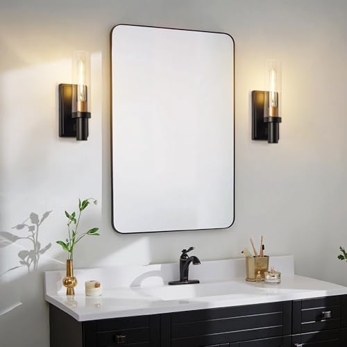 Image of 1-Light Wall Sconces Set of 2, Modern Bathroom Sconces Wall Lighting with Clear Glass, Black & Brushed Brass Wall Mount Lights for Living Room Corridor Mirror Bedroom Stairway, E26 Base