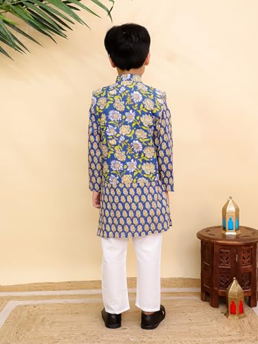 Image of The Mom Store Boys Printed Cotton Kurta Pajama Set With Jacket | Soft And Comfortable Ethnic Wear For Baby /Kids Boys | Full Sleeves Kurta Pyjama Set | Traditional Indian Outfit