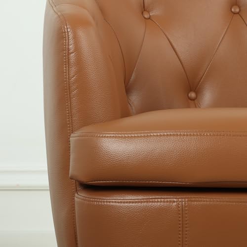 Image of 360 Swivel Leather Accent Chair, Modern Barrel Club Chair with Leather Upholstery and Sturdy Base, Comfortable Armchair for Living Room, Bedroom, Reading Nook, Brown