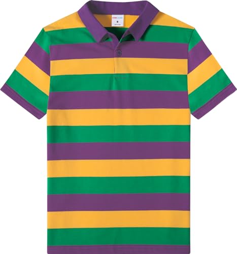COSLAND Boys Mardi Gras Striped Shirt Kids Polo Shirts Green Purple and Gold Large