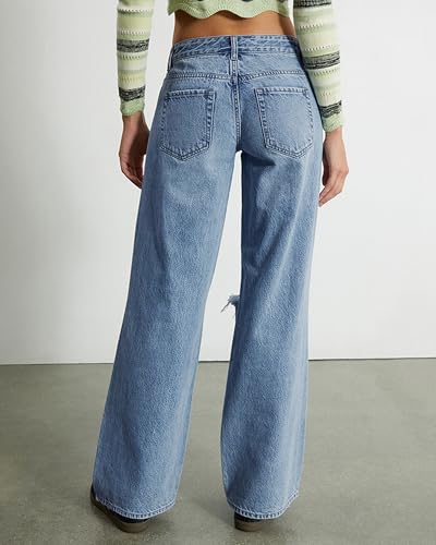 Womens Mid Waisted Wide Leg Jeans Distressed Baggy Boyfriend Denim Pants.3