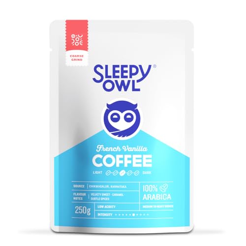 Image of Sleepy Owl French Vanilla Ground Coffee for French Press | Medium Roast | 100% Arabica | Coarse Grind Coffee | Also Suitable for Cold Brewing | 250g | Directly Sourced From Chikmagalur