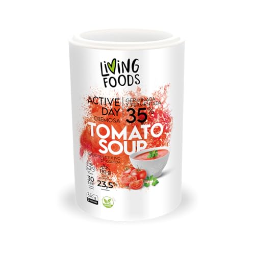 Sopa de Tomate Cremosa Active Day - NUTRICIÓN COMPLETA Alto en Proteínas Veganas | Semillas Germinadas y Fermentadas | Fibra y Bacterias Probióticas y Vitaminas y Minerales Esenciales | 540g