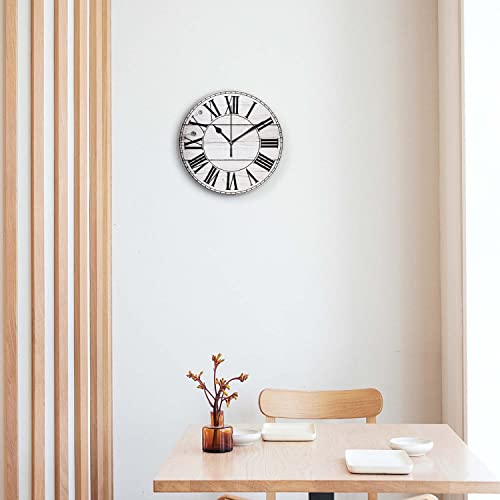 Acozuhse Silent Non Ticking Rustic Wall Clock, Wooden White Clock Roman Numerals Clocks, Battery Operated 9.8"X9.8" Round Wall Clock For Kitchen, Living Room, Bedroom, Office #TOP2