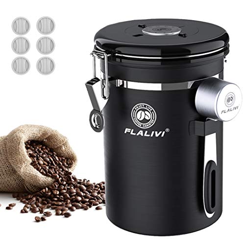 Coffee Canister,22oz Bigger Stainless Steel Kitchen Food Storage Airtight Coffee Container with Scoop for Beans, Grounds, Tea, Flour, Cereal, Sugar with Date Tracker(Black)
