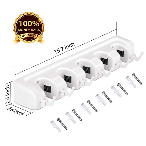 LETMY 2 Pack Broom Holder Wall Mounted - Mop and Broom Holder - Garage Storage Rack&Garden Tool Organizer - 5 Position 6 Hooks for Home, Kitchen, Garden, Tools, Garage Organizing (White)