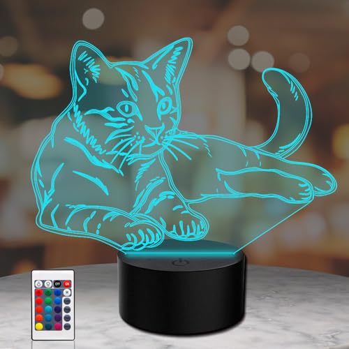 AGWIM 3D Illusion Lamp Cat Led Night Light, 16 Colors Changing USB Desk Lamps with Remote Control, Bedroom Decoration Table Lights for Kids Birthday Gifts