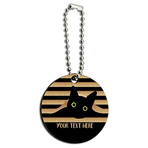 Personalized Custom Black Cat in Window 1 Line Wood Wooden Round Keychain Key Chain Ring