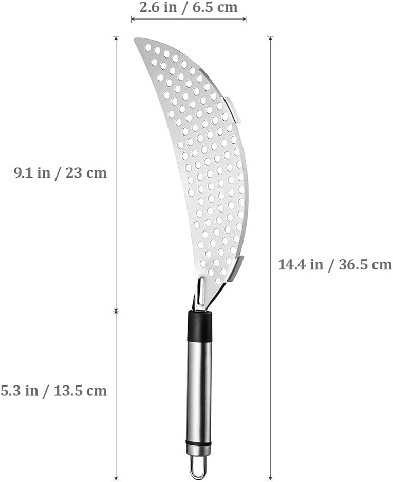 Cabilock Stainless Steel Crescent Pot Strainer Set with Comfortable Handle Handheld Kitchen Colanders for Pasta Vegetables and Soup 14.37 Inch 2Pcs