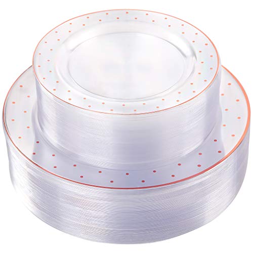 I00000 102 Pieces Rose Gold Disposable Plastic Plates, Premium Clear Wedding Party Plates with Dot Design Includes: 51 Dinner Plates 10.25