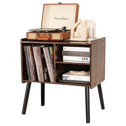 BEROXII Record Player Stand, Mid-Century Record Player Table with Storage Hold Up to 150 Albums , Vinyl Record Cabinet with Adjustable Shelves , Wood Turntable Stand for Living Room Bedroom, (Brown) Cover