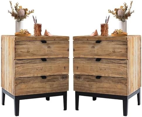 Wnutrees Farmhouse Nightstand Wood Bedside Table with 3-Drawers B...