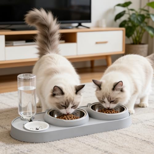 3-in-1 Katzennapf,Katze Futternapf und Wassernapf Set mit Wasserspender Edelstahl Doppel-Katzennäpfe 15° Neigbar für Katzen und Kleine Hunde Haustiere Abnehmbarer Futternapf