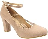 Womens Ladies Block Heel Ankle Strap Work Court Evening Dress Girls Shoes Pumps UK Size 3-12 (6 UK, Nude Suede)