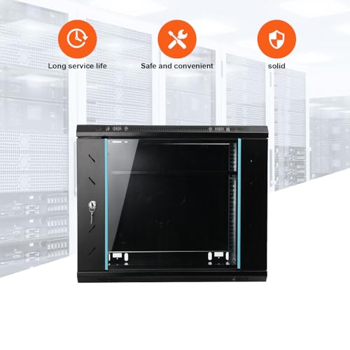 9U armadio rack del server di montaggio a parete con porta di vetro bloccabile, contenitore di stoccaggio della rete in acciaio per l'attrezzatura IT dell'ufficio domestico, ruote e progettazione di v
