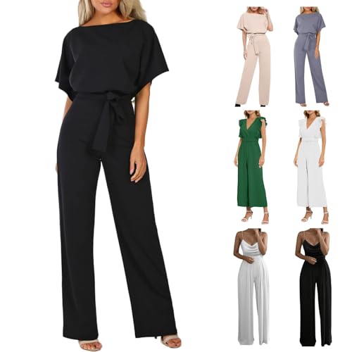 Generisch Combinaison d'été élégante pour femme - Manches courtes - Jambes larges - Avec poches - Combinaison festive - Mariage - Invité de mariage - Combinaison de pantalon - Une pièce - Tenue