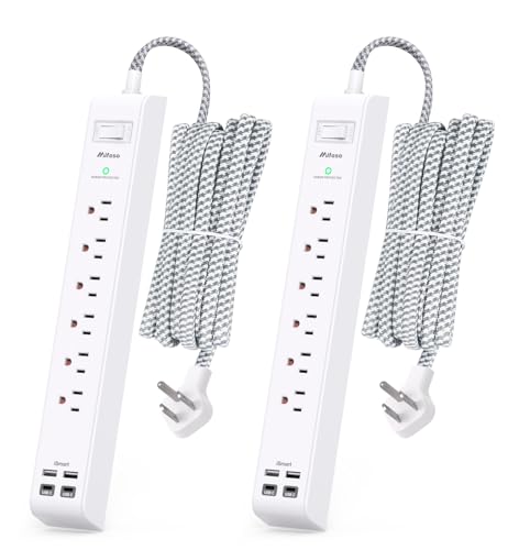Image of 2 Pack Flat Power Strip Extension Cord, Surge Protector with 6 Outlets, 4 USB Charging Ports, 10ft Long Cord, Flat Plug, Protection Against