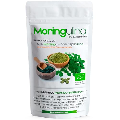 Moringa Oleifera Pura y Espirulina BIO Ecológica - 200 Comprimidos - 400 mg | Cultivo origen España | Vitaminas, Proteínas Vegetales y Antioxidantes | Vitalidad, Energía y Bienestar Natural