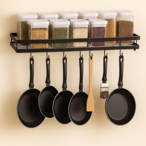 Craft Mshopr Wall Mounted Kitchen Spice Rack Organizer – Black Iron Hanging Spice Shelf with 7 S-Shaped Hooks for Utensils | Space-Saving Spice Holder (16" L x 5.25" W x 2.5" H) (Pack-1)