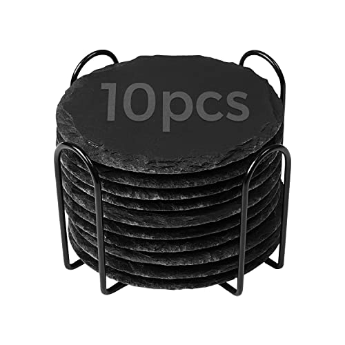 OUYZGIA 10 Stück runde Schiefer-Untersetzer mit schwarzem Stein, 10 x 10 cm, Tassenuntersetzer mit Metallhalter für Zuhause, Getränke, Bar, Küche (10 Stück, runde Untersetzer) Cover