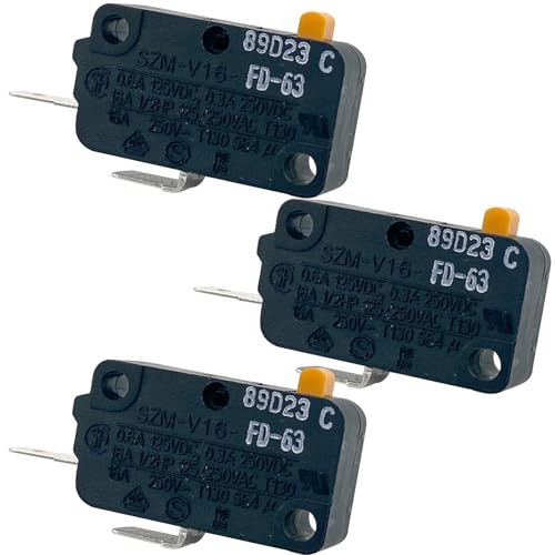 SZM-V16-FD-63 Microwave Oven Door Switch Replacement (3-Pack), 16A 125/250V 2-Pin Normally Open (NO) Micro Switch, Compatible with Samsung, GE, LG, Kenmore - Fixes Heating & Interlock Issues