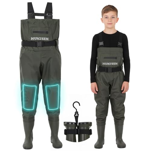 HUNTSEN Chest Waders for Kids with Boots - 2-Ply Nylon Waterproof Insulated Neoprene with Reflect Safety Band - Youth Fishing Waders with Boot Hanger for Toddler Children Hunting Waders for Boys Girls