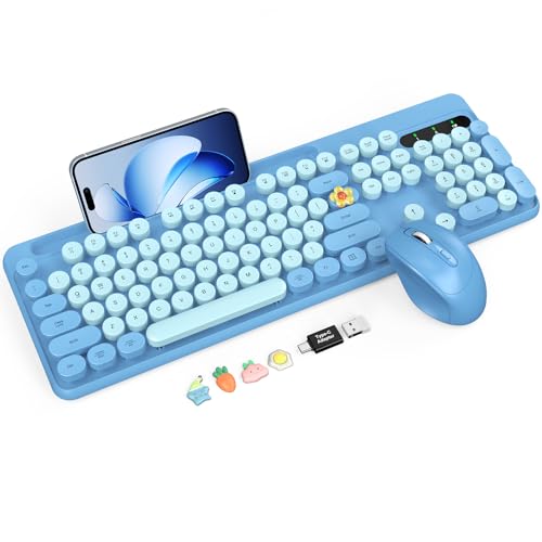 Wireless Keyboard and Mouse Combo, Retro Round Keycaps, Full-Size Cute