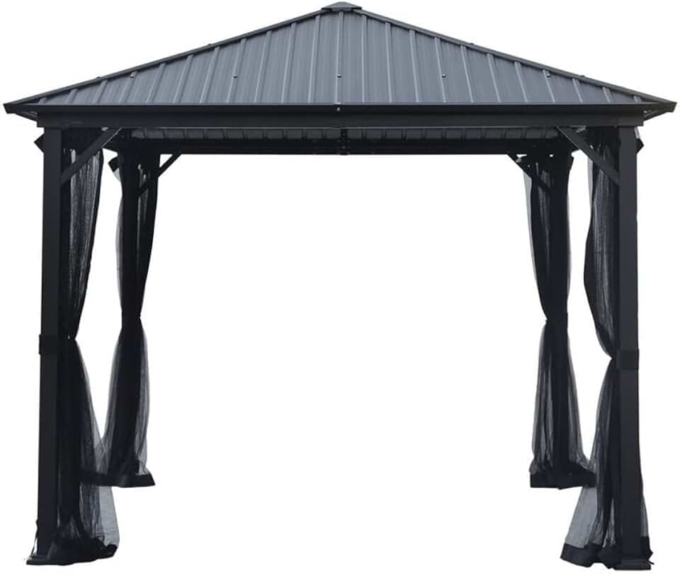10ft Square Gazebo Hard Top Aluminum Frame Waterproof Polyester Curtain Mesh Side Panels