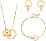 KBRPEY Jewellery Set for Women Necklace Bracelet and Earrings Set Double Circle Pendant Cubic Zirconia Round Interlocking Pendant Jewellery gifts for Her Wife Rose Gold(Gold)