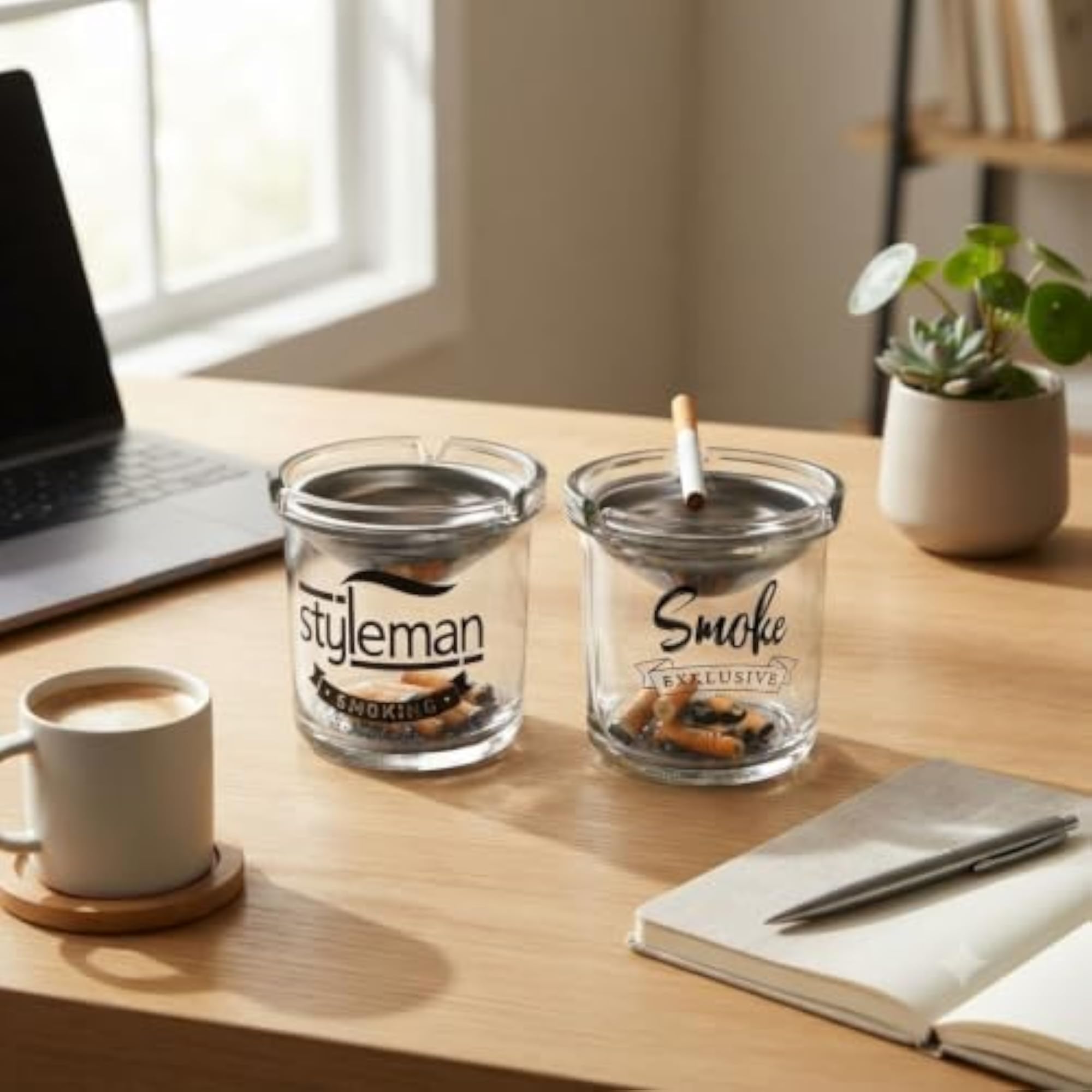 Glass Ashtray with Stainless Steel Funnel, Removable Inner Tray