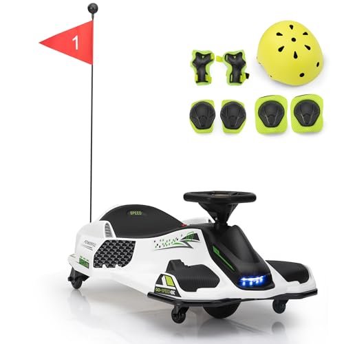 TOBBI Electric Go Kart for Kids, Ride On 12V Drifting Go Carts for Kids Age 8+ Years, Battery Powered Ride On Toy, Power 4 Wheel with 360° Spin, USB, LED Lights, MP3, High/Low Speed (White)