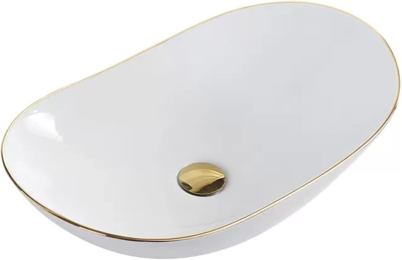 WOTZOV Ceramic Bathroom Sink Bathrooms Basin Oval Ceramic Countertop Bathroom Vanity Vessel Sink, White Vessel Sink With Pop Up Drain, Bathroom Vessel Sinks, Ceramic Vessel Sink,61cm
