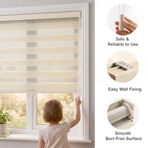 Image of Story@Home Zebra Blinds for Windows W 3 ft x H 7 ft | Dual Layer Roller Shades for Day and Night Privacy, Light Filtering Sheer Blinds for Home and Office, Modern Window Treatments - Beige