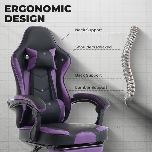 Image of Purple Gaming Chair with Headrest and Lumbar Support, High Back Computer Office Desk Chair with Footrest, 360 Swivel Height Adjustable Recliner Game Chair