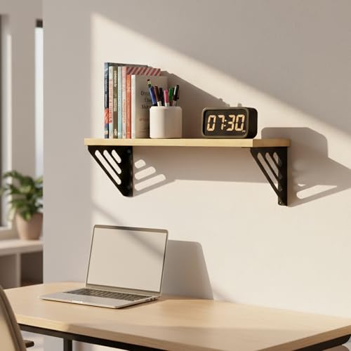 Image of Wall Shelf with Wooden Top Black|White Iron Brackets Storage Rack|Industrial Wall-Mounted Floating Shelf for Living Room,Kitchen,Bathroom (Black Lines Large)
