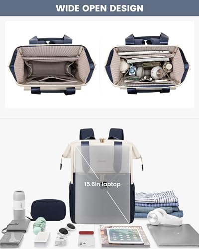Image of LOVEVOOK Laptop Backpack for Women, 15.6 Inch Work Laptop Bag with USB Port, Fashion Teacher Nurse Backpack Purse, Waterproof Travel Computer Backpack with Organizer Bag, 2PCS,Beige - Navy