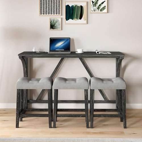 Polibi 4-Piece Farmhouse Counter Height Dining Set, Bar Table and Chairs Set, Wood Dining Table Set with Power Outlet and 3 Upholstered Stools for Breakfast Nook, Living Room, Black - Thumbnail 3