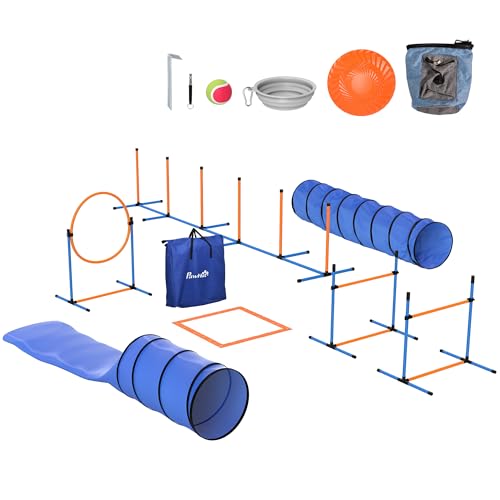 PawHut Agility Set Hunde 11-teiliges Set Agility-Ausrüstung für Hunde mit 2 Tunnel Höhenverstellbar Sprungring & Hürden Slalomstangen Pause-Box Tragetasche Ball Steckhürdenset für Hundetraining
