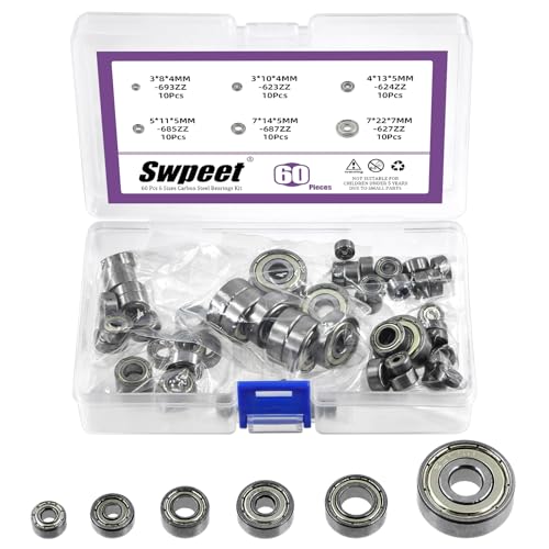 Swpeet 60Pcs 6 Größen 693ZZ, 623ZZ, 624ZZ, 685ZZ, 687ZZ, 627ZZ Kugellager Sortiment Kit, Kohlenstoffstahl Rillenlager, doppelt geschirmte Lager, kleine Lager